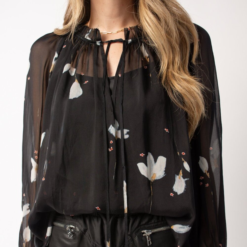 FORTE FORTE Chiffon Silk Bohemian Shirt in Floral Black and White